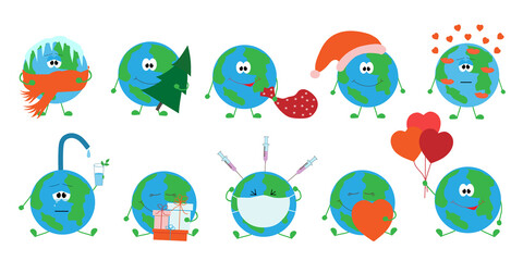 Set with cute cartoon planets on an isolated background. Character in action. Vector illustration. Earth.