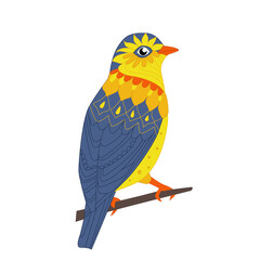 yellow lovely bird with blue wings sitting on twig for your desi