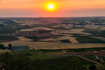 Stunning sunset over the vineyards and other crops in the fields of the Ribera del Duero, in Castilla y Leon, Spain - obrazy, fototapety, plakaty