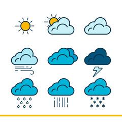 Weather forecast icons with an outline are isolated on a white background. Vector illustration.