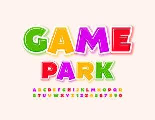 Vector colorful sign Game Park. Funny bright Font. Creative Alphabet Letters and Numbers set for Kids