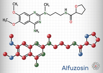 Alfuzosin molecule. It is antineoplastic agent, an antihypertensive agent, an alpha-adrenergic antagonist. Structural chemical formula and molecule model. Sheet of paper in a cage