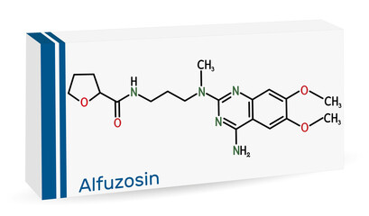Alfuzosin molecule. It is antineoplastic agent, an antihypertensive agent, an alpha-adrenergic antagonist. Skeletal chemical formula. Paper packaging for drugs