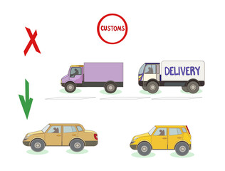 Road traffic at Customs with lines for Cargo trucks and Cars on white isolated background, vector Car control at Borders in Cartoon style, concept of Road Traffic, Automobiles, Customs, State borders.