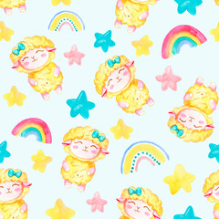 Watercolor seamless kids pattern with fairy sheep clouds rainbow stars. Cute cartoon background for children. 