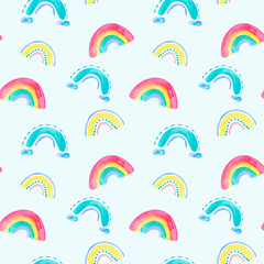 Watercolor kids seamless pattern. Children background, colorful rainbow, cute baby texture
