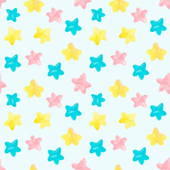 Watercolor seamless pattern with cute colorful stars. Baby background