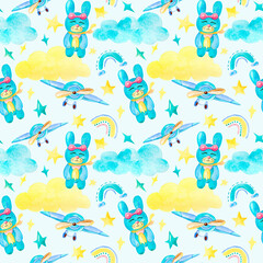 Watercolor kids seamless pattern. Children background, colorful rainbow, cute baby texture