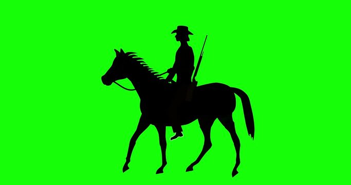 Black silhouette of cowboy on horse, walking animation video on green screen