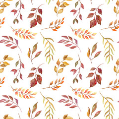 Simple seamless pattern with hand drawn watercolor autumn leaves and foliage on white background. Romantic motif for fabric print, home and dress textile