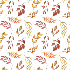 Simple seamless pattern with hand drawn watercolor autumn leaves and foliage on white background. Romantic motif for fabric print, home and dress textile