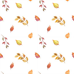 Simple seamless pattern with hand drawn watercolor autumn leaves and foliage on white background. Romantic motif for fabric print, home and dress textile