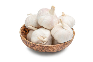 Fresh Garlic Bulb in wooden bowl.isolated on white background.