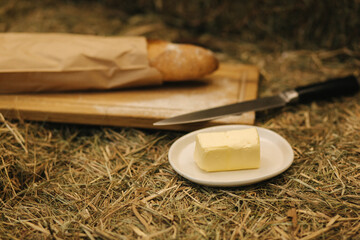 Breakfast concept, baguette and butter. Wooden board on hay. Morning