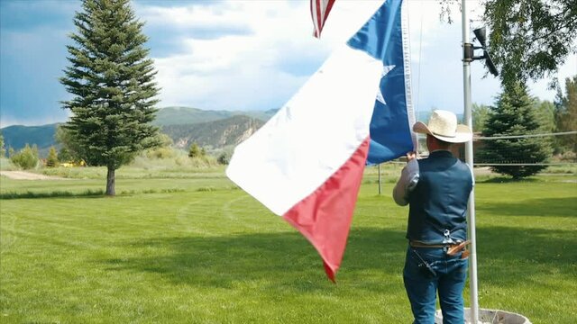 American patriot fastens USA flag. Project
