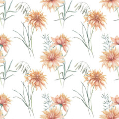 Watercolor seamless pattern with flowers. Hand painted colorful floral composition on white background. Vintage style peony, dahlia, dry herbs