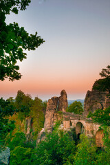 sunset scenery over the rock formations near the Bastei Bridge 