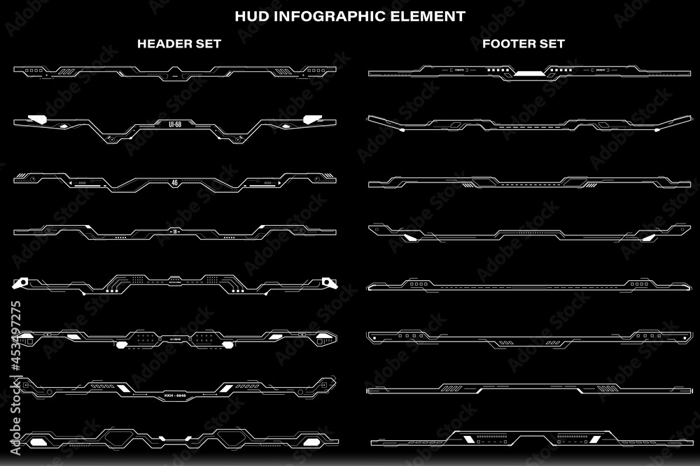 Poster HUD Futuristic Header Footer White Element Set for Infographic Design, Game, Scifi Report Vector Template.