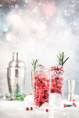 Winter Cranberry cocktail with vodka, ice, juice, rosemary and red berries. Festive long drink....