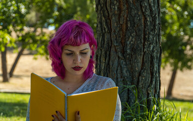mujer de cabello rosa leyendo un libro junto a un árbol , mujer con un libro amarillo ,  mujer con labios rojos sosteniendo un cuaderno amarillo en la mano - obrazy, fototapety, plakaty