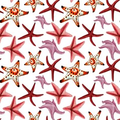 Watercolor illustration of starfish seamless pattern on background