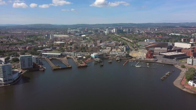 Aerial over Cardiff Bay, Pierhead building and Welsh Assembley (Seneddd) Wales, United Kingdom