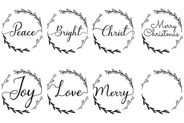 Christmas Wreath SVG, Peace, Bright, Christ, Joy, Love, Merry, Botanical Circle Frame vector illustration