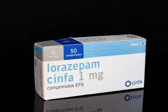 Huelva, Spain - August 28, 2021: Spanish Box of generic Lorazepam from Cinfa laboratory. It is used to treat anxiety disorders, trouble sleeping, active seizures.