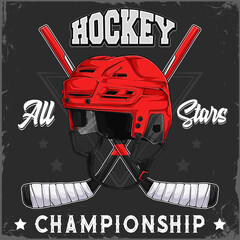 Hand drawn Ice Hockey red helmet and crossed sticks with hockey all stars championship text
