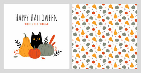 Halloween vector seamless pattern and flat illustration with cute cat and pumpkins.