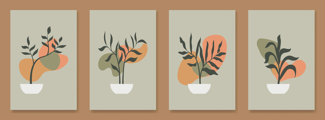 Botanical wall modern posters. Abstract aesthetic plant art vector illustration