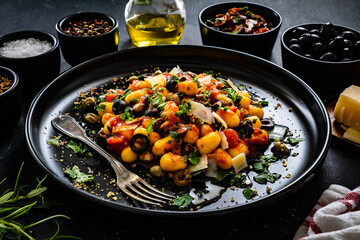 Gnocchi puttanesca - gnocchi with tomato sauce, anchovies, chili, capers and olives on wooden black table
