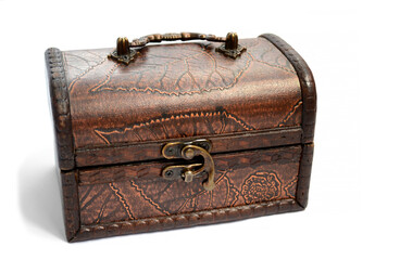 brown wooden chest with drawings on the cover and on the walls