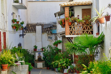Walking through the narrow streets full of green pots and flowers in the Granada town of Güejar-Sierra (Spain)