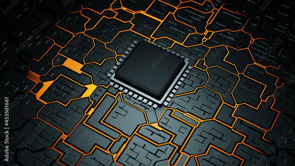 Poster 3d rendering of a printed circuit board with dark blurred edges