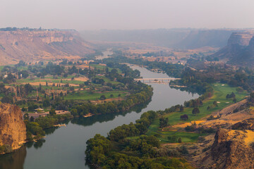 Snake river in morning light. The landscape is hazy due to California fires