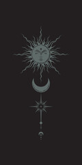 Vector sketch tattoo mystical sun with sleeping face, moon and star. Dark boho isolated illustration with magical symbols on black background stylized as engraving