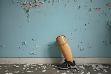 Plastic leg in a black booth against a cracked blue wall