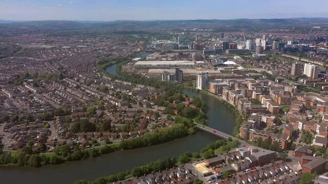 Aerial over the river Taff and Cardiff city, Cardiff, South Glamorgan, Wales, United Kingdom