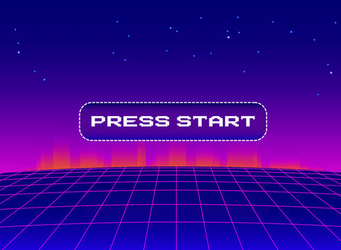 Purple 1980's vintage cyberpunk neon perspective grid, initial retro video game screen with the written text "press start" in a pop-up window. Vector illustration