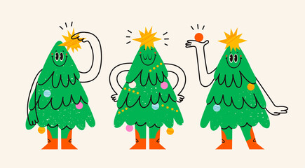 Set of funny isolated Christmas trees. Characters with smiling faces. Cartoon style. Merry Christmas, New year concept. Trees with hands, legs, garland with lights. Hand drawn Vector illustration.