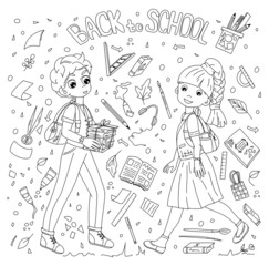 School boy and girl in school uniform for back to school concept in black and white color, stationery accessories and lettering for coloring book, poster, cards. Vector illustration.