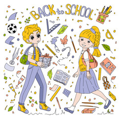 School boy and girl in school uniform for back to school concept in hand drawn style, stationery accessories and lettering for coloring book, poster, cards. Vector illustration.