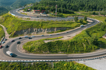 The Baikal serpentine road - aerial view of natural mountain valley with serpantine road, Trans-Siberian Highway, Russia, Kultuk, Slyudyanka