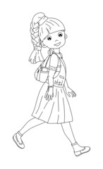 School girl in uniform for back to school concept in black and white color, can use for coloring book, poster, cards. Vector illustration.