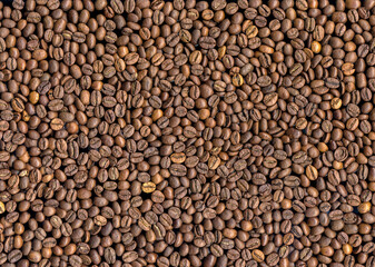 fried coffee beans background, top view