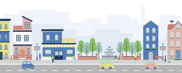 公園のある街の風景と生活する人々