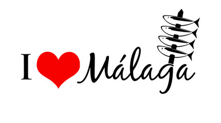 Beautiful typography design with skewer of sardines, logo of the name malaga of the European city of Europe with red heart suitable for tourism or promotion of visits
