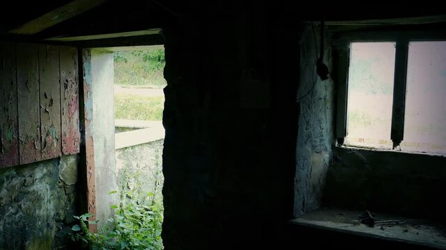 Pan From Window To Door In Derelict Old House