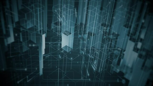 Technology motion background with blue wireframe shapes in the style of high rise buildings and fast moving digital data transfer and binary code ones and zeros. Full HD and looping.